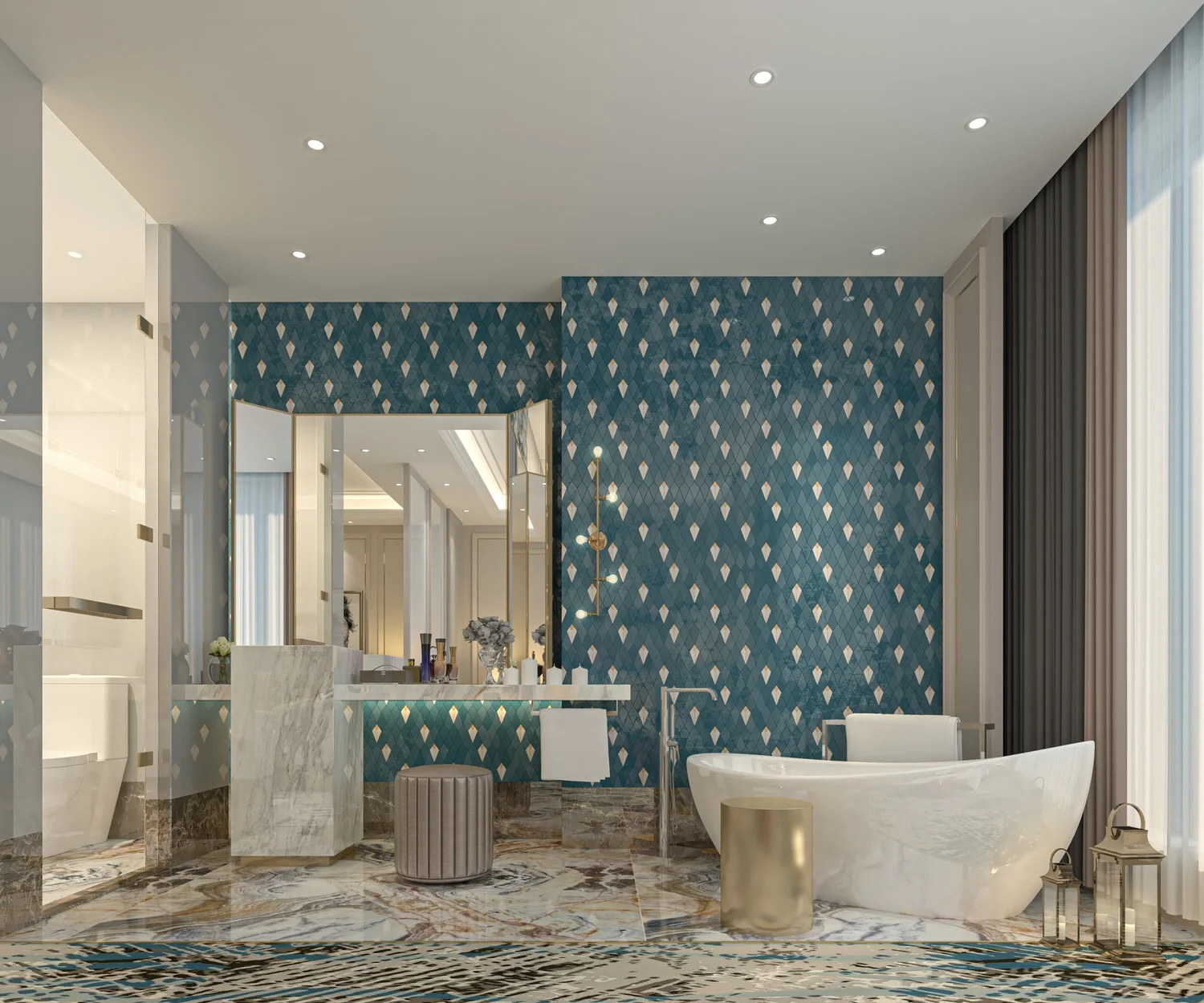 Master bathroom with teal patterned tile feature wall and freestanding tub