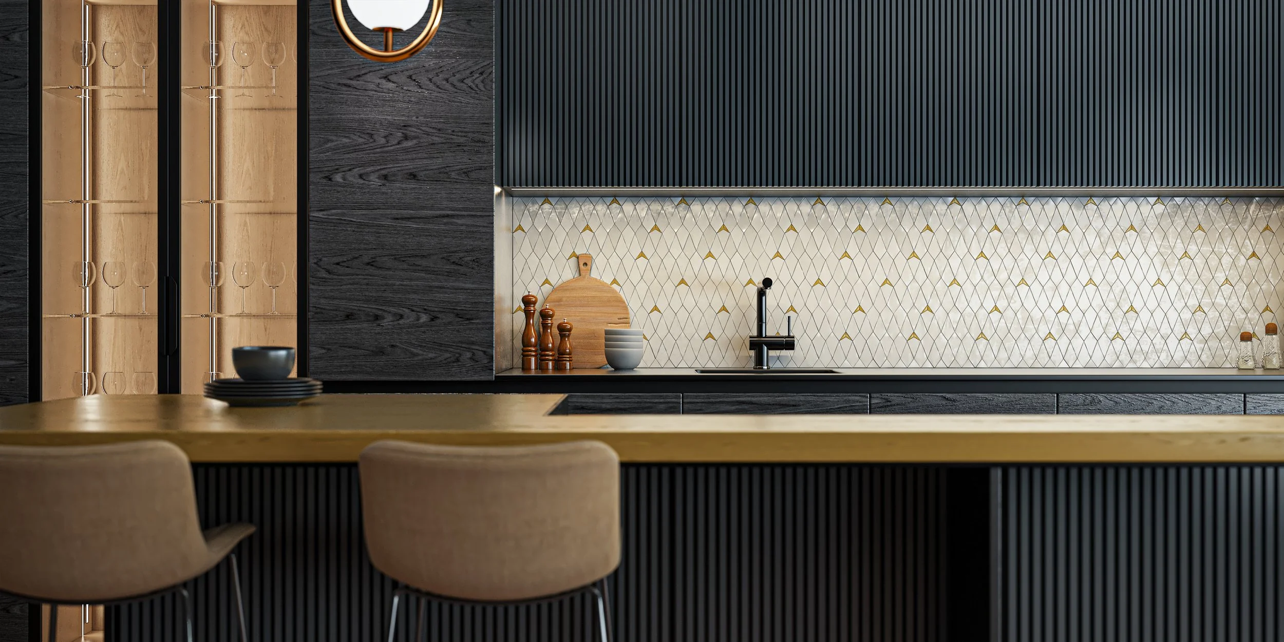 Modern kitchen with black millwork and a fan-pattern tile backsplash in white and gold